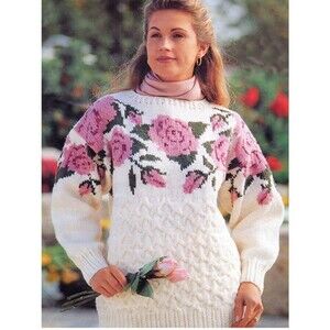 MARY MAXIM Roses and Cables Pullover Knit Sweater Handknit Cottagecore Handknit